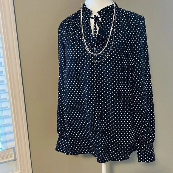 [S]Kate Spade Dark  Navy Blue Polka Dot LS Blouse - Picture 1 of 13